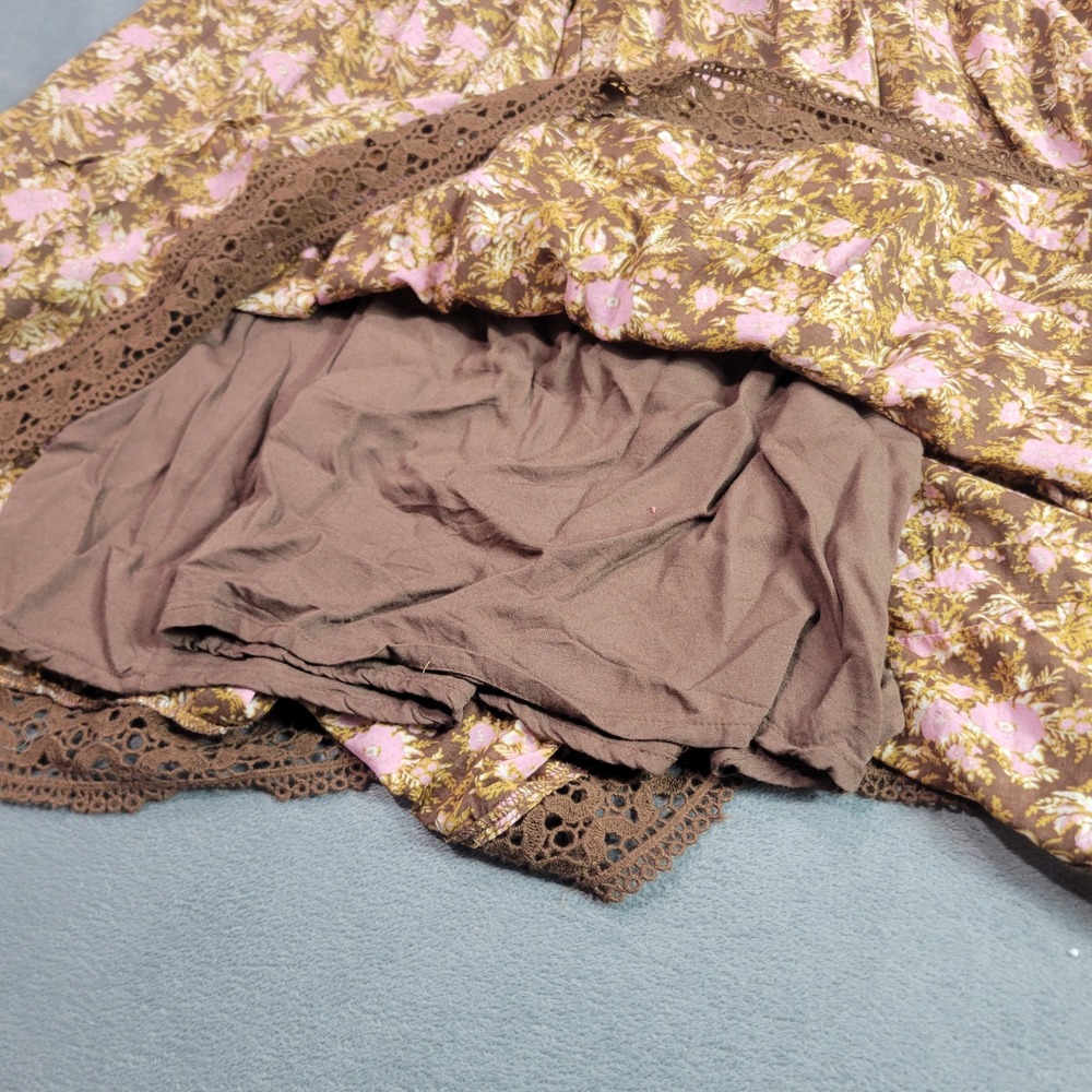 Free People Tunic Women Large Brown Pink Floral Smock Lace Trim Boho Mini Dress - Picture 11 of 13